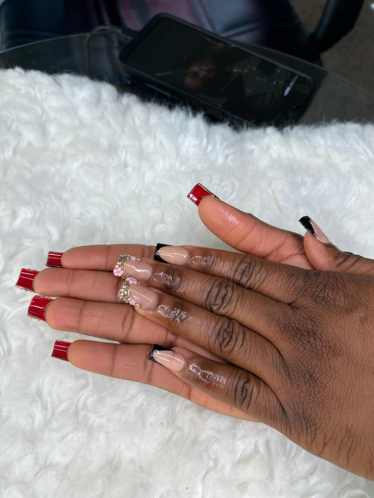 Long square red & black mix with pink bling.
