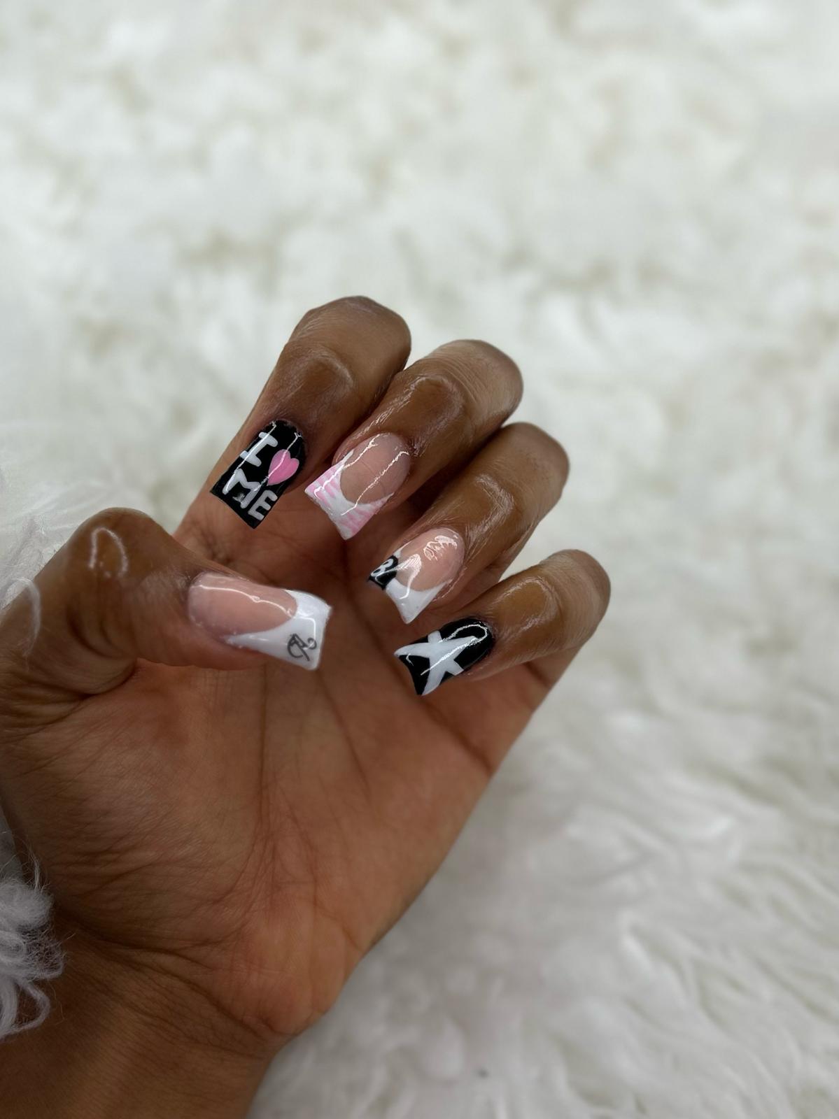 Black & white French tips with 'I love me' lettering art.